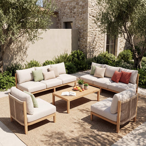 5 Piece Acacia Wood Outdoor Sofa Set with Rope-Woven Chairs