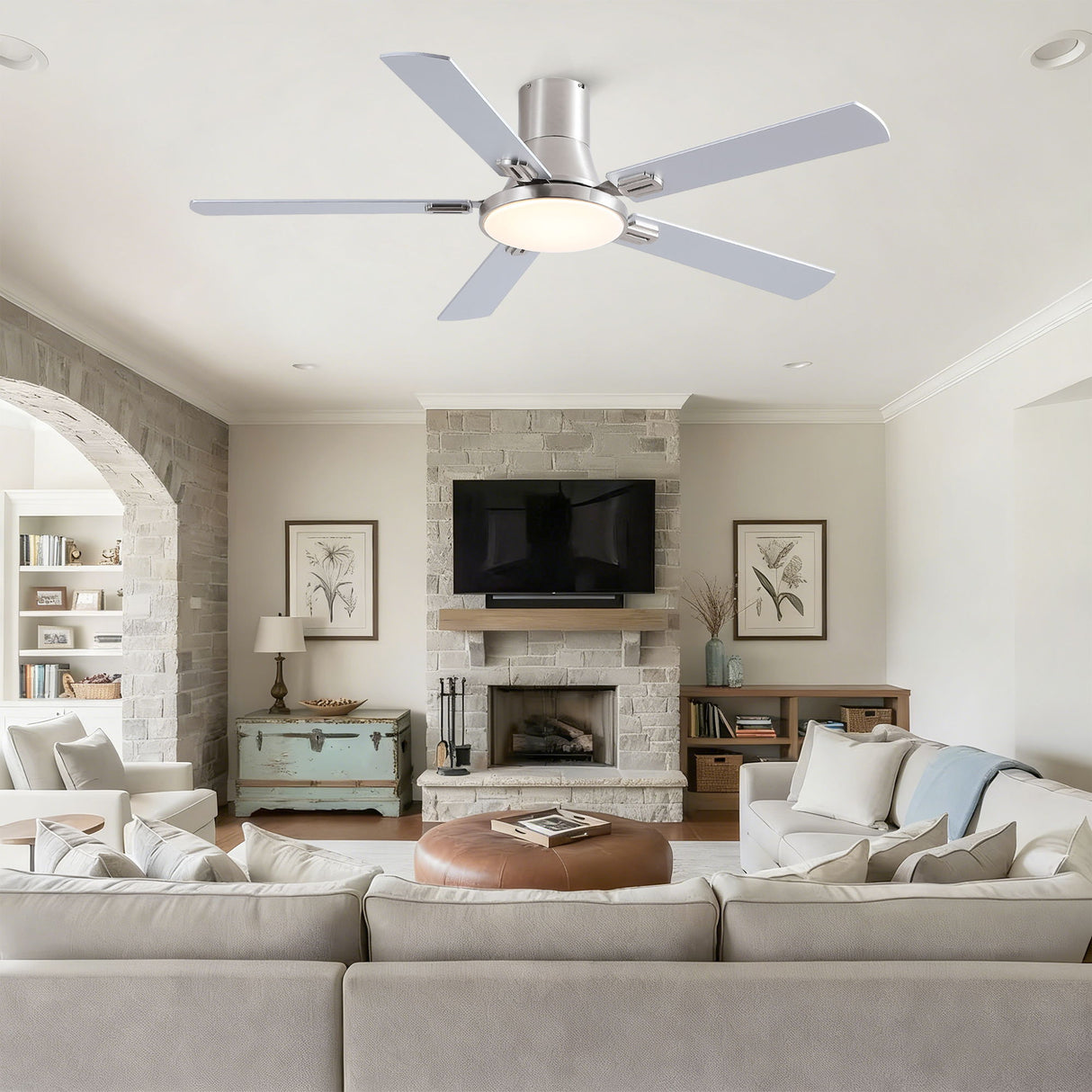 Flush Mount Ceiling Fans With LED Light And Remote Control, 5 Blades
