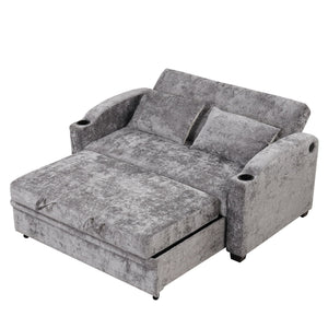 Pull Out Loveseat Sofa With Adjsutable Backrest, 2 Pillows, Cup Holders, USB Ports For Living Room