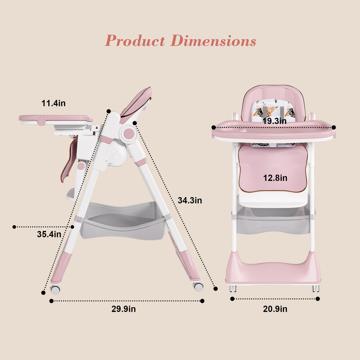 Adjustable Baby High Chair with Safety Belt and Lockable Wheels – Pink