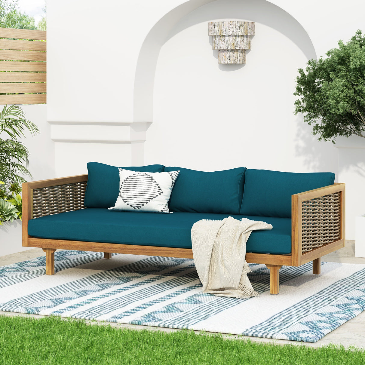Claremont 3 Seater Daybed with Rattan Arms and Acacia Wood Frame