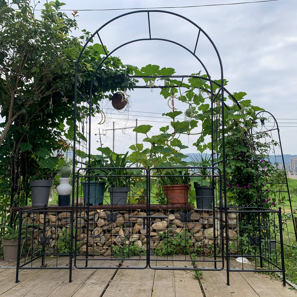 Garden Arch Arbor Trellis for Climbing Plants with Gate, Durable Metal Garden Arch Outdoor Wedding Arch, for Wedding Ceremony Party Plant Climbing Rose Vines Lawn Courtyard Patio Black, 7.15ft
