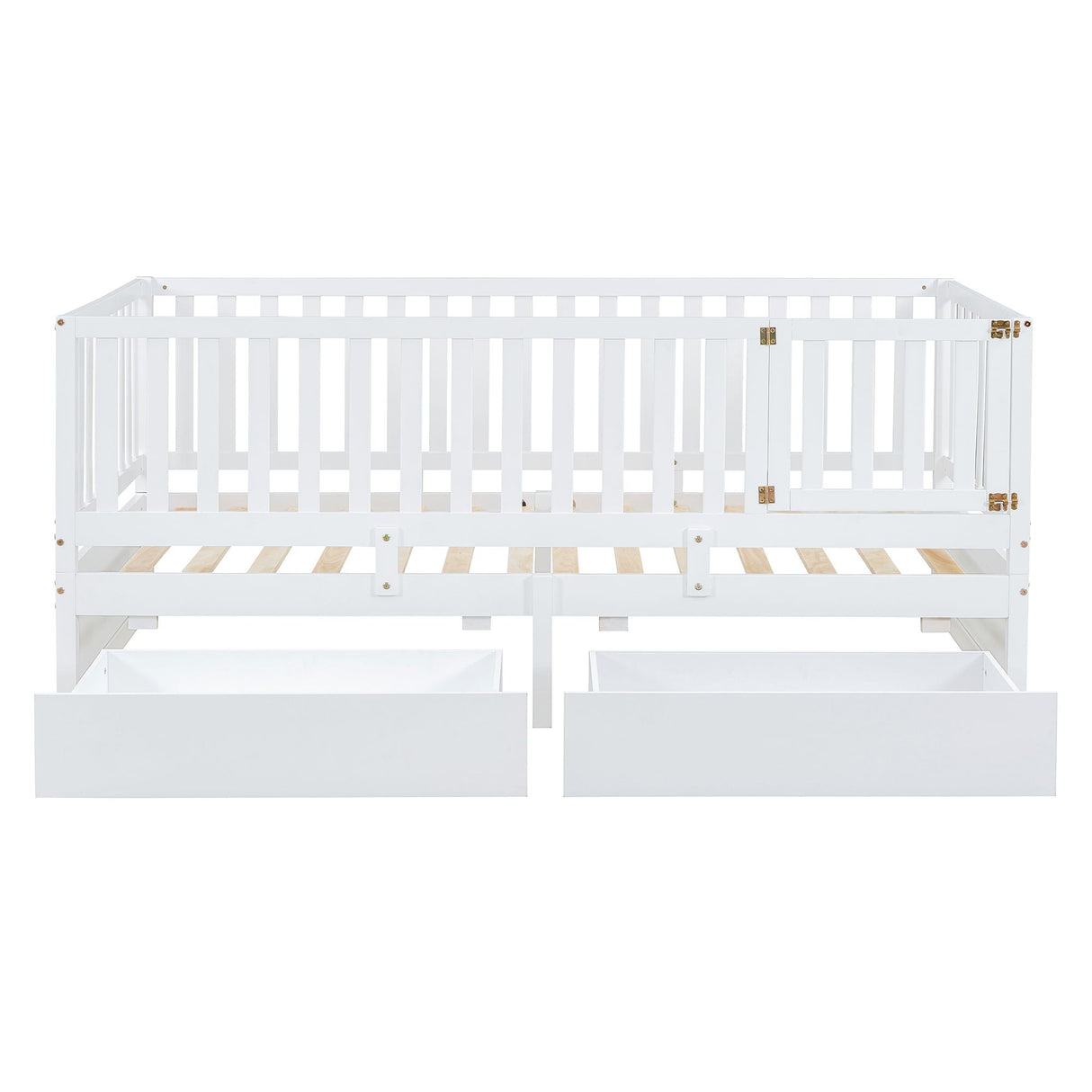 Daybed With Fence Guardrails And 2 Drawers, Split Into Independent Floor Bed & Daybed