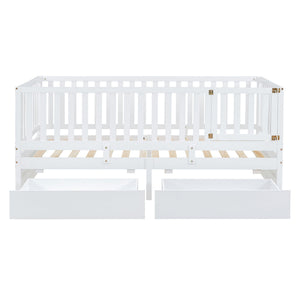 Daybed With Fence Guardrails And 2 Drawers, Split Into Independent Floor Bed & Daybed