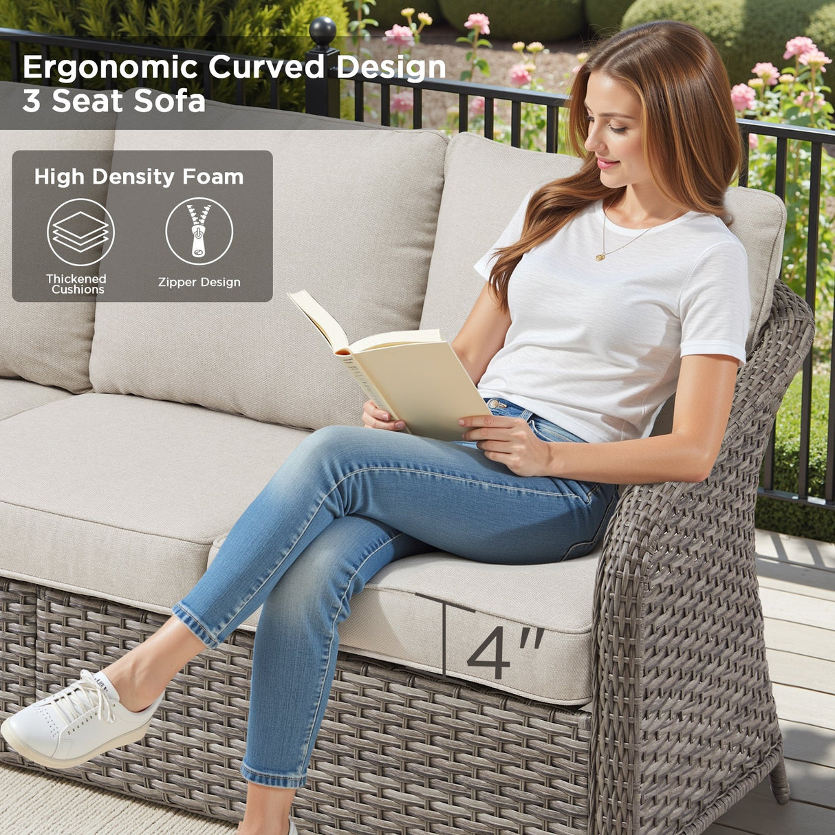 73.6" PE Wicker Rattan Outdoor Furniture Set - 3 Seat Sofa