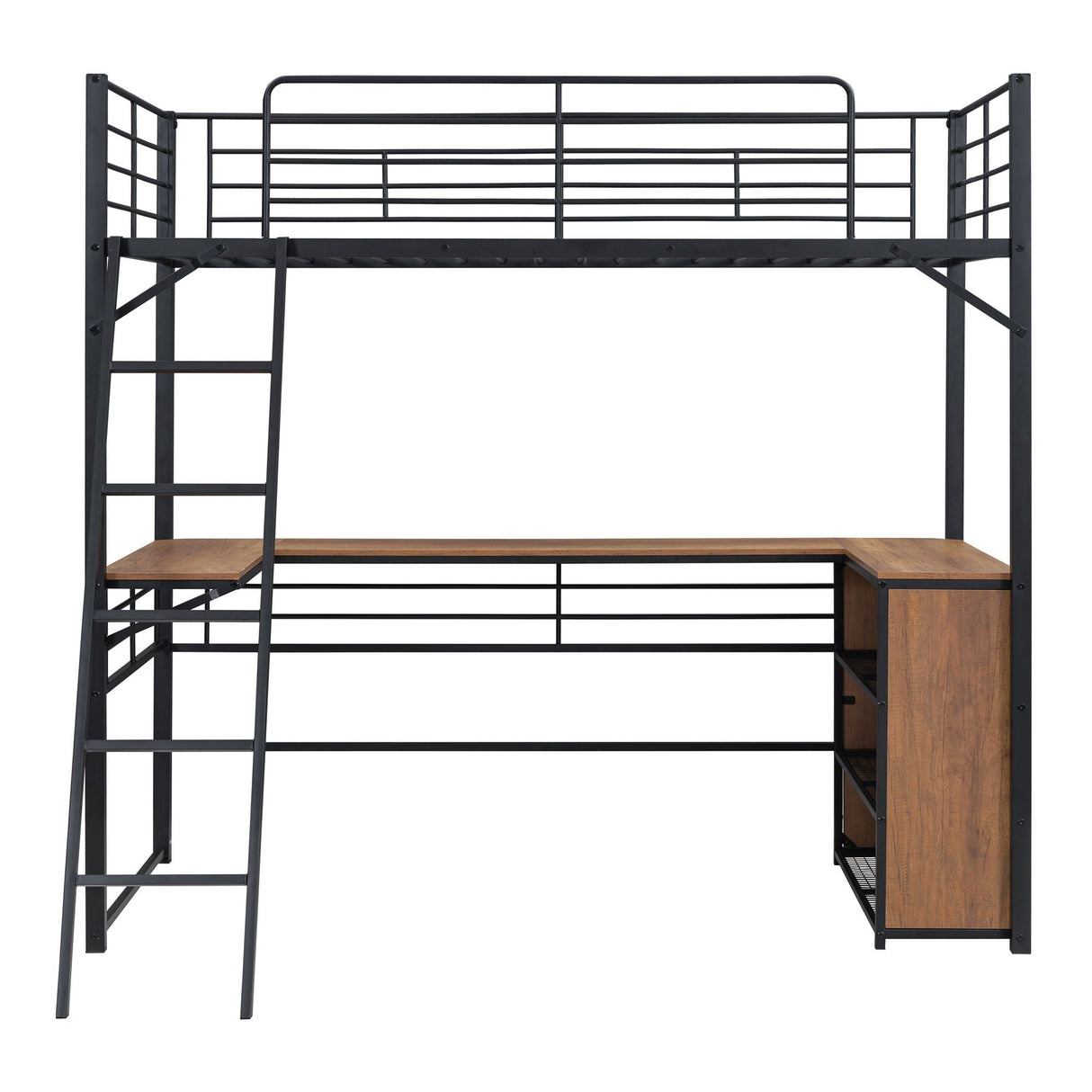 Loft Bed & 3 Layers Of Shelves And L-Shaped Desk