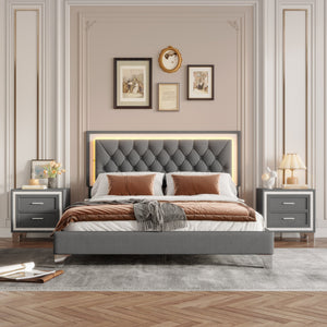 3-Pieces Bedroom Set, Queen Size Upholstered Platform Bed with LED Lights and Two Nightstands - Gray