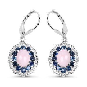 4.00 Carat Genuine Opal Pink, Blue Sapphire and White Topaz .925 Sterling Silver Earrings