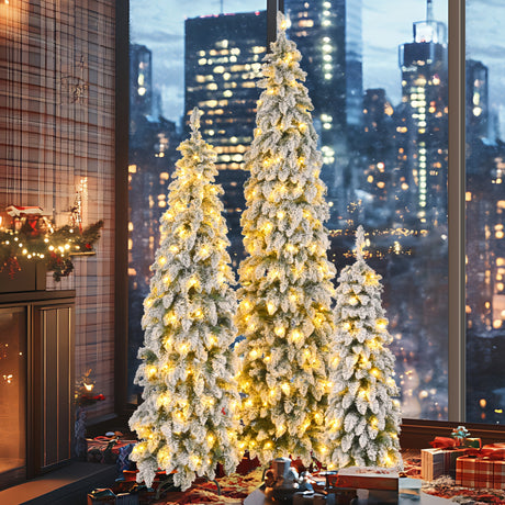 8FT,-6FT,-4FT-Pre-Lit-Pencil-Christmas-Trees,-3-set-Slim-Artificial-Christmas-Tree-With-Snow-Flocking-Christmas-Tree