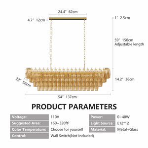 Modern Chandeliers for Dining Room, 54' Large Rectangle Gold Kitchen Chandelier Over Table, 12-Light with Smoke Glass Ceiling Lights, Farmhouse Pendant Lighting Fixture for Living Room Bedroom