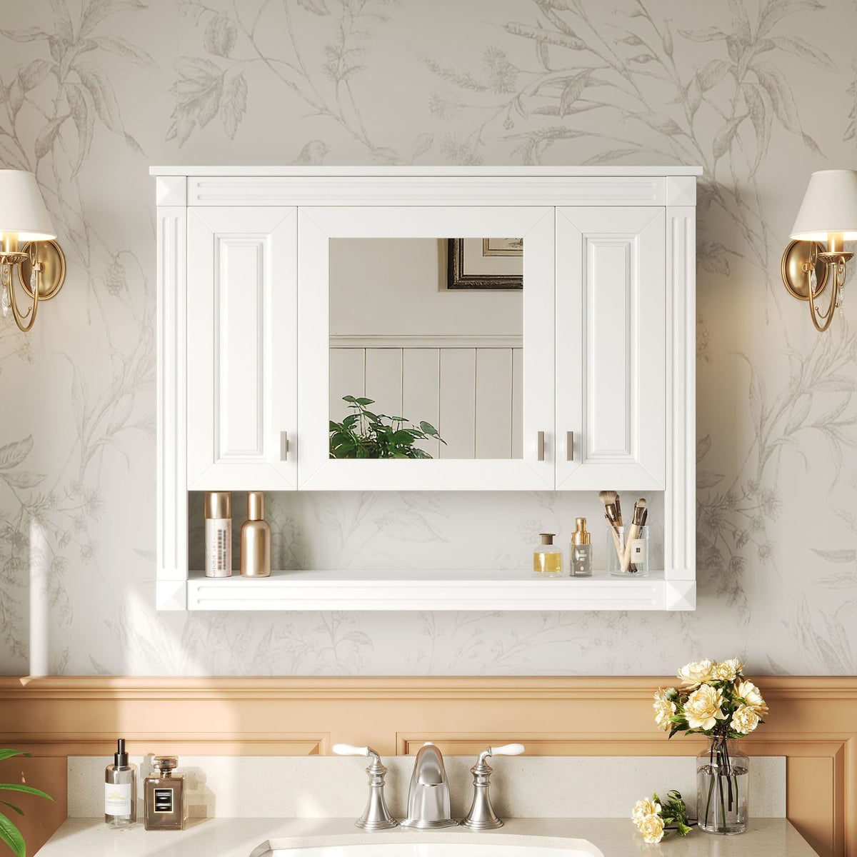 Wall-Mounted Bathroom Cabinet with Mirror and Open Shelf – White
