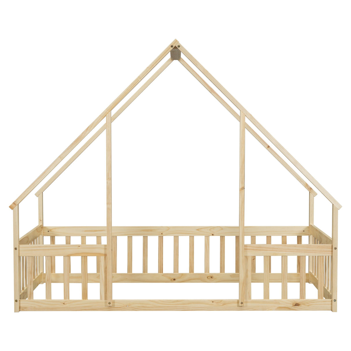 Wood House-Shaped Floor Bed With Fence, Guardrails
