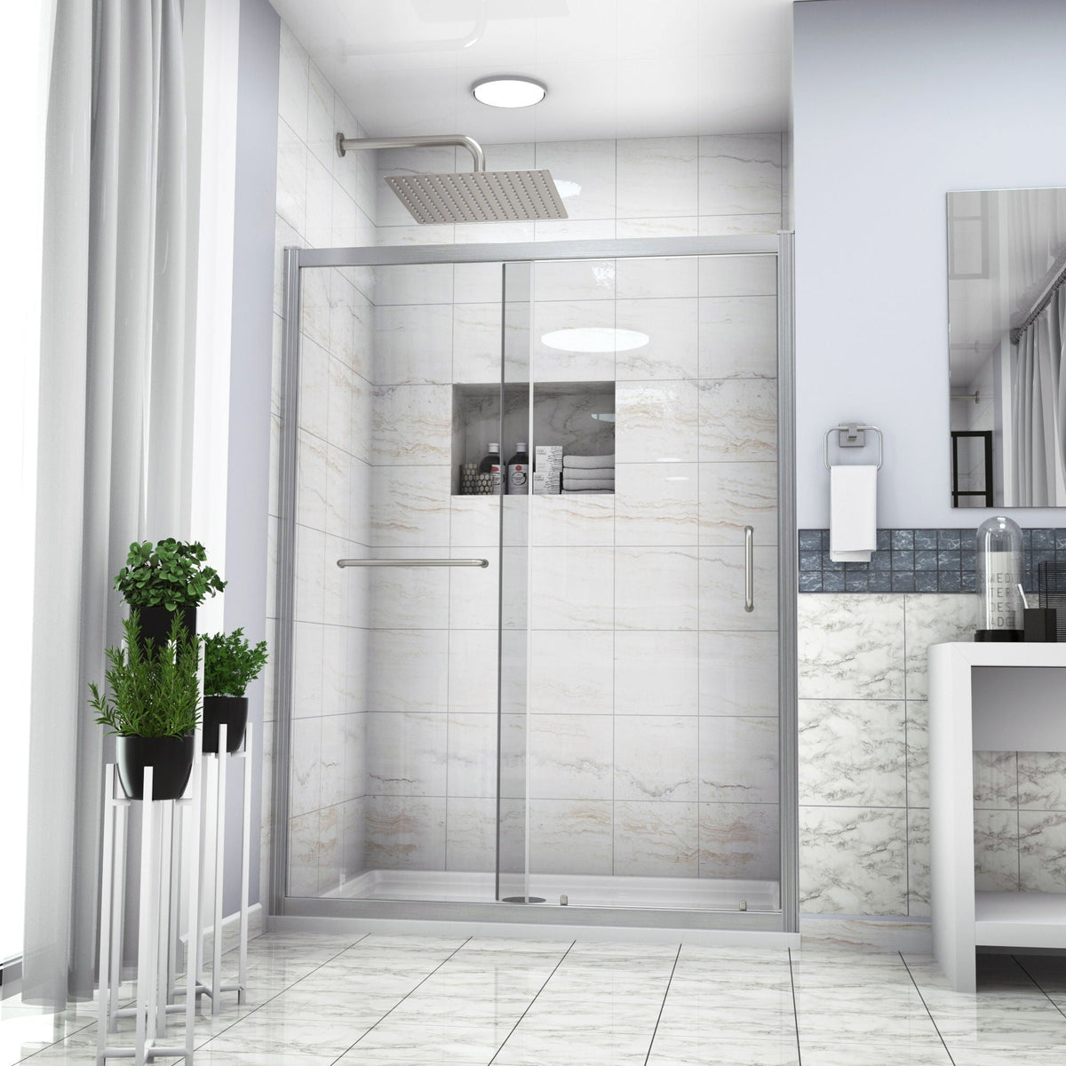 Single Sliding Bypass Shower Door with Tempered Glass Enclosure - Pearl Silver or Gray