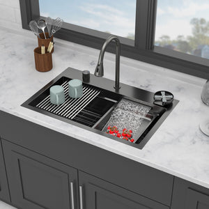 Drop In Waterfall Kitchen Sink with Pull-Out Faucet & Cup Washer - Gray or Black