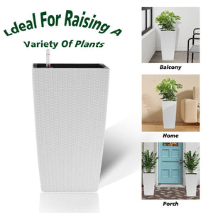 Indoor/Outdoor Modern Faux Rattan Design Square Planter, 22.6 inch White Plastic Large Planter with Automatic Watering System for Home and Garden (White, 22.6 inch - 2 Pack)