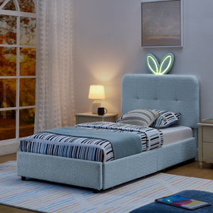 Twin Size Kids Upholstered Bed with Oversized Rabbit Ear Headboard, LED Light & 4 Storage Drawers, Boucle Fabric (79.5''X40.75''X41'')