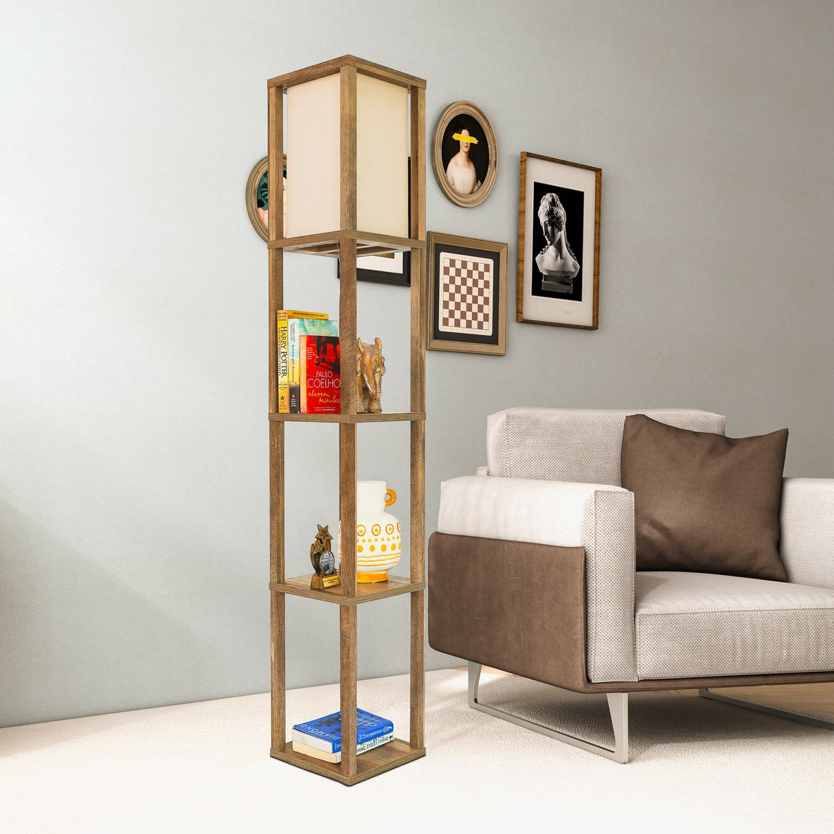 Pinnacle - Shelf Floor Lamp For Bedroom / Living Room, Long Shade - Natural Wood / White