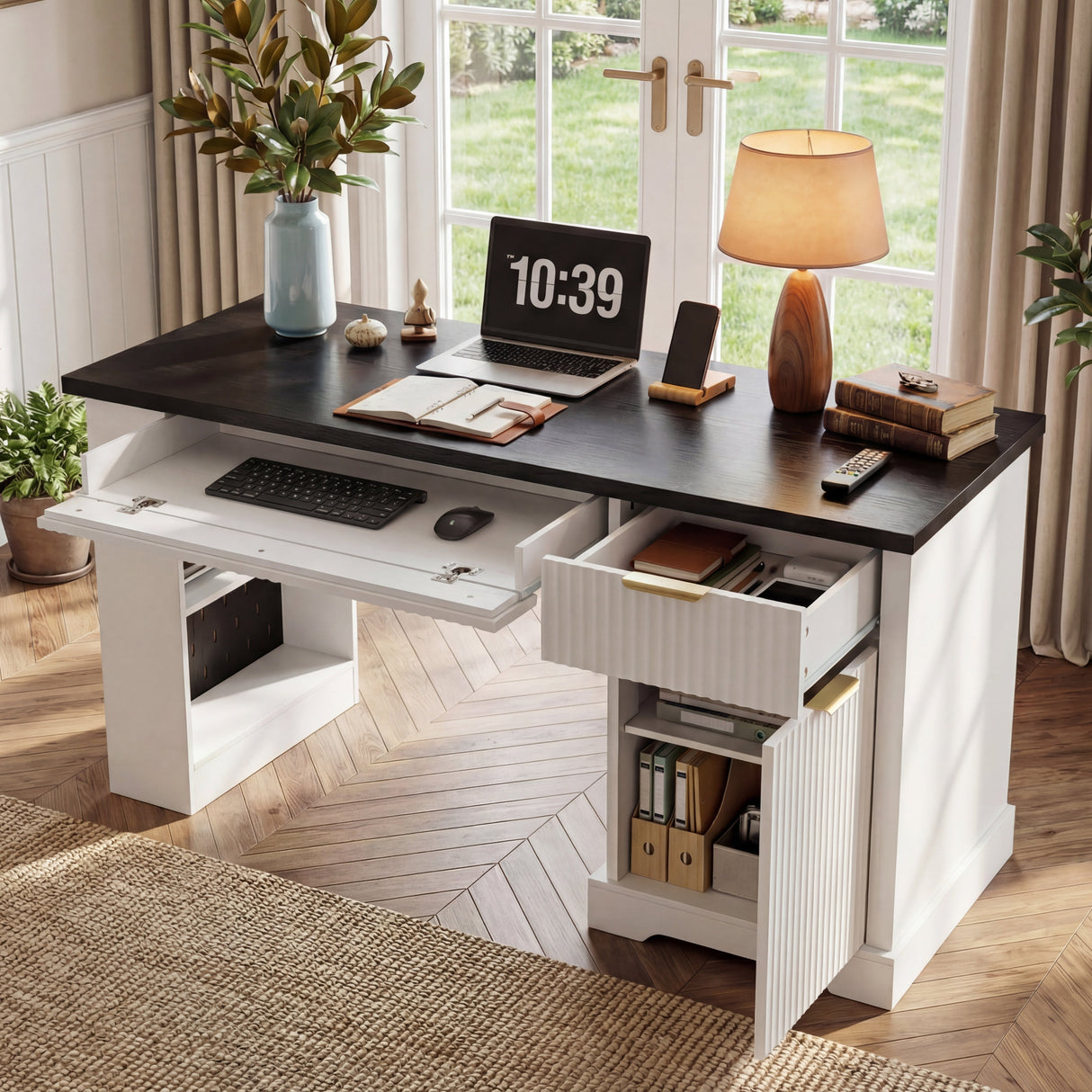 55" Modern Fluted Office Desk with Storage Cabinet & Drawers