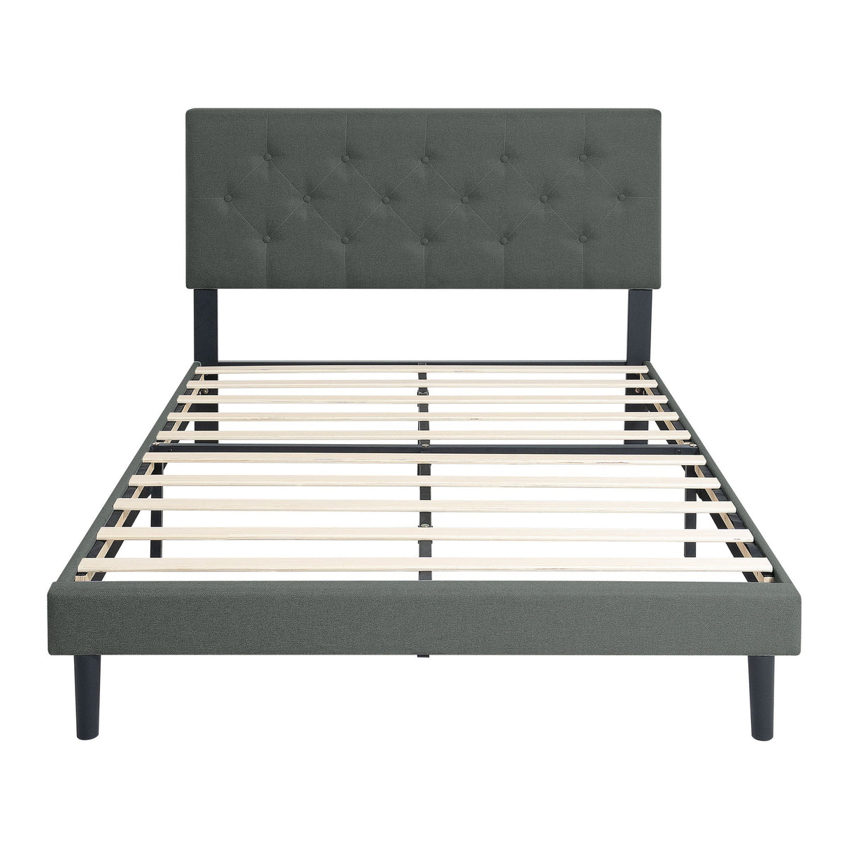 Modern Upholstered Platform Bed Frame With Button Tufted Fabric Headboard