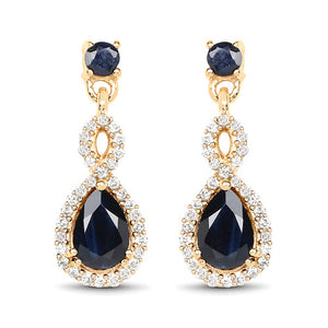 1.19 Carat Genuine Blue Sapphire and White Diamond 14K Yellow Gold Earrings