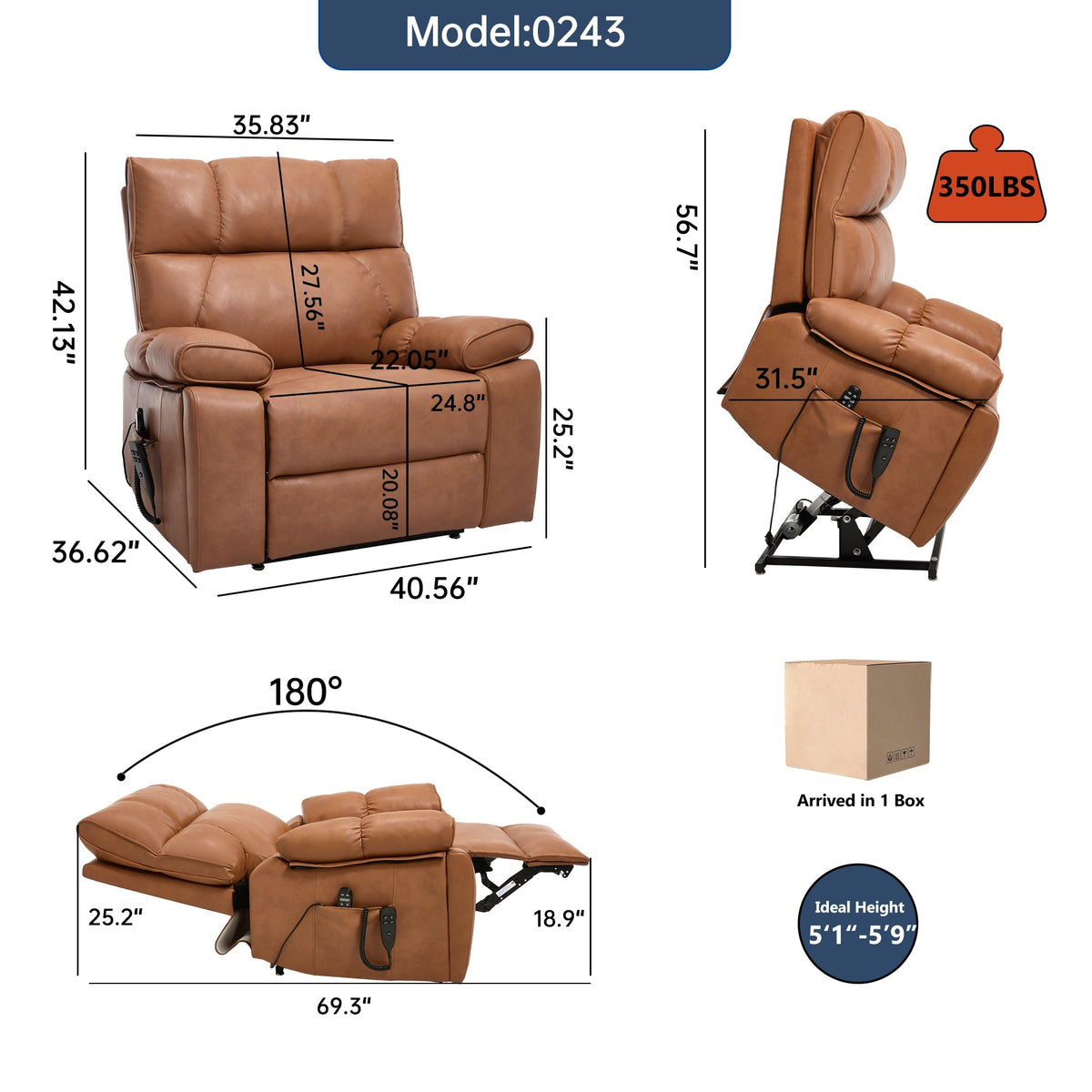 Orange Leatheraire Heat Massage Dual Motor Lift Recliner - Orange