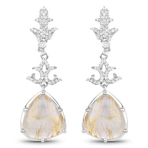 15.97 Carat Genuine Golden Rutile And White Topaz .925 Sterling Silver Earrings