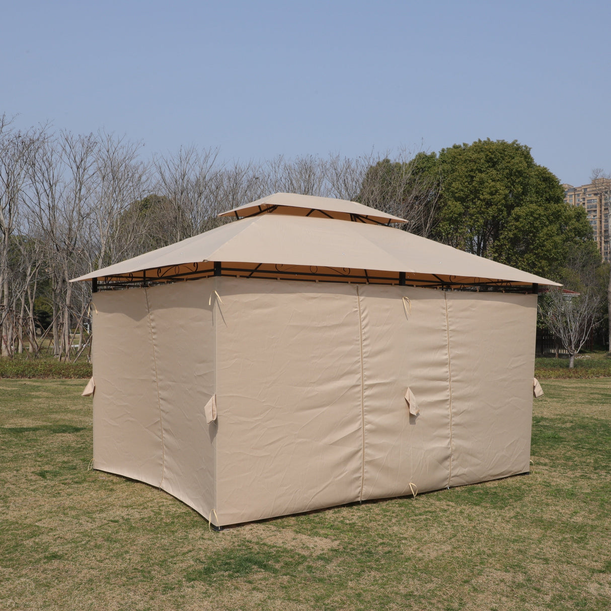 Khaki Outdoor Patio Gazebo Canopy Tent with Ventilated Double Roof and Mosquito Net, 13x10 Ft