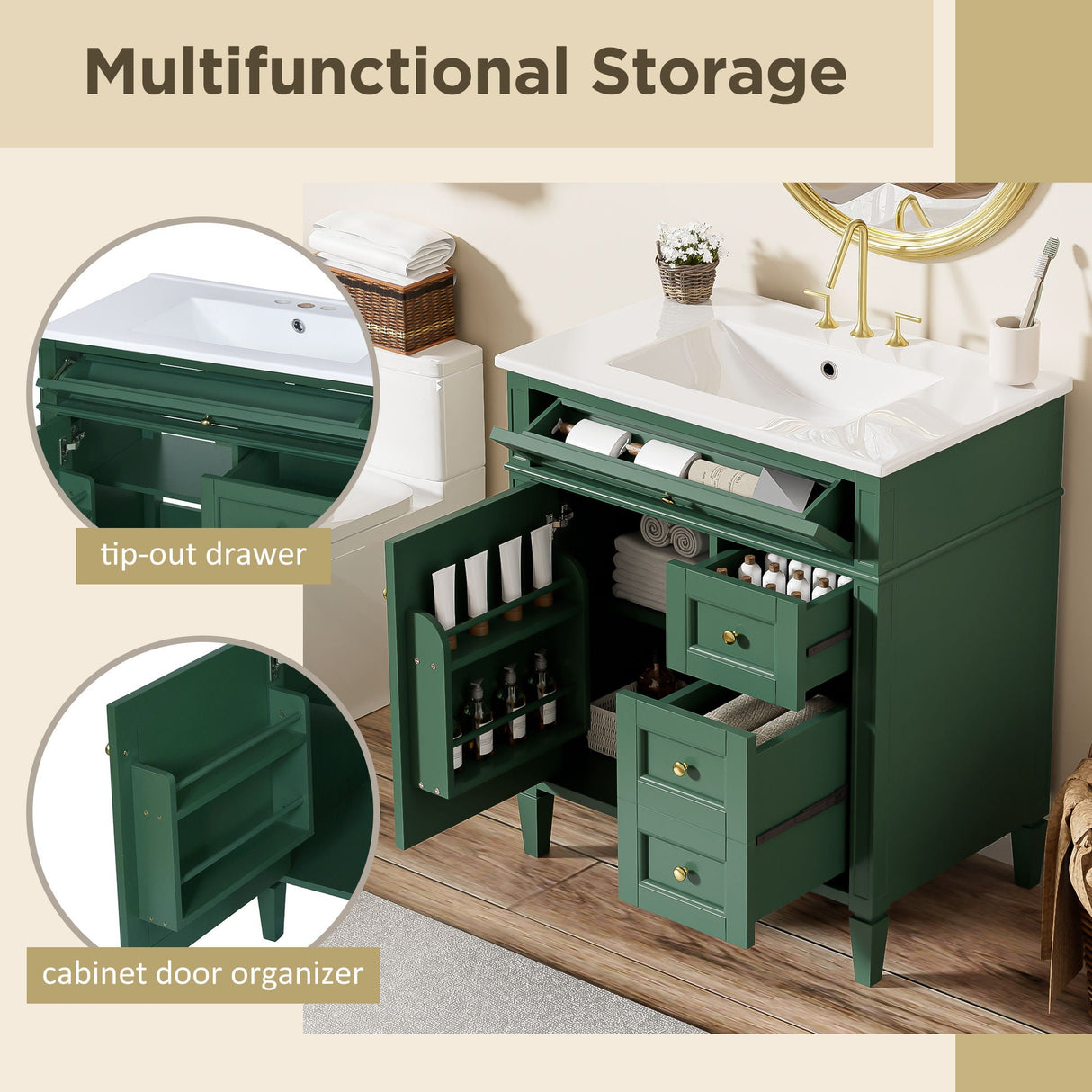 Bathroom Vanity With Top Sink, 2 Drawers & Tip Out Drawer