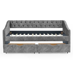 Upholstered Tufted Daybed With 2 Drawers, Waved Arms