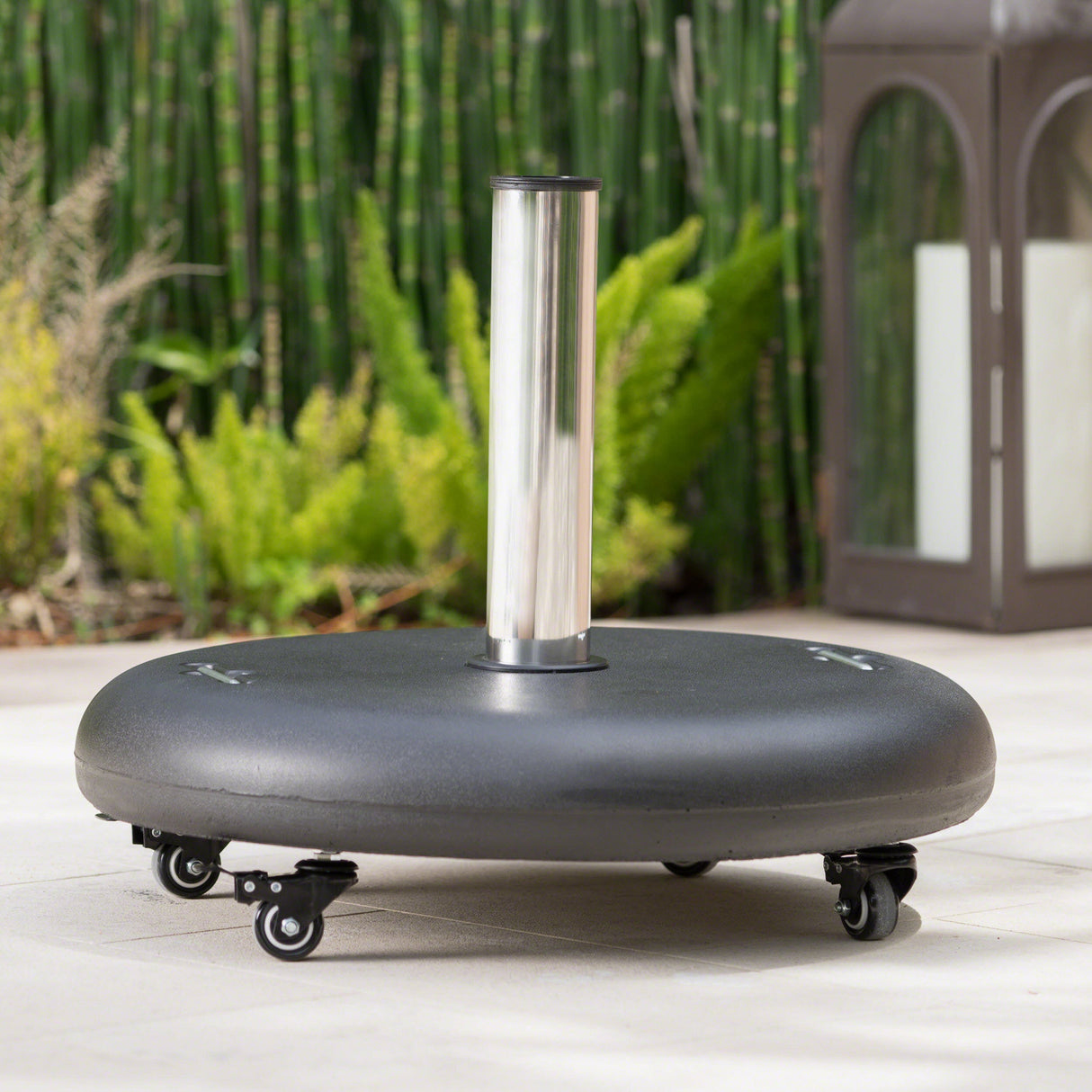 Modern Wheelie Round Umbrella Base with Stainless Steel Holder in Black Concrete