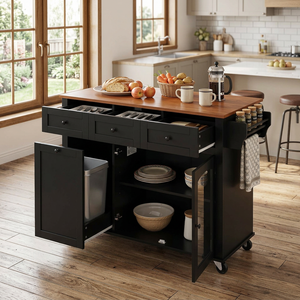 54.2'' Mobile Kitchen Island with Glass Door Storage & Trash Bin