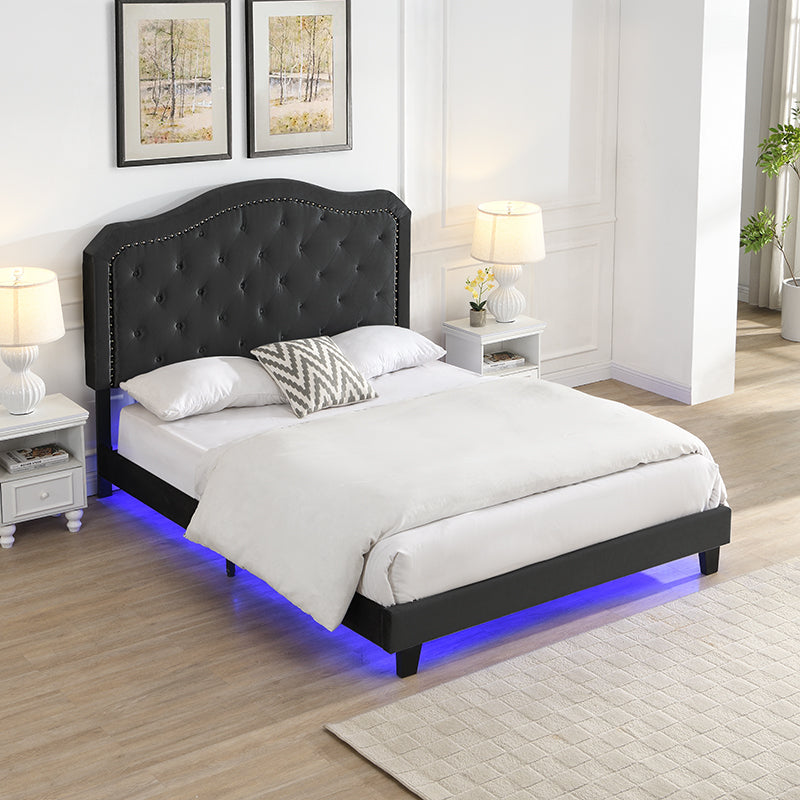 Queen Upholstered Bed Button Tufted with Curve Design