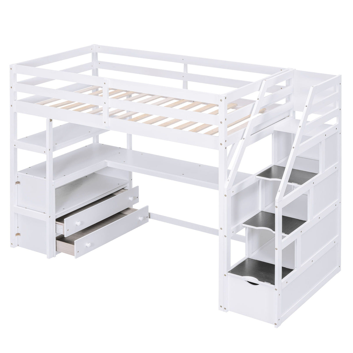 Loft Bed With Desk, Shelves, 2 Drawers, Storage Staircase