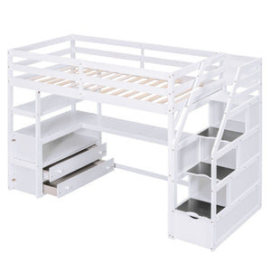 Loft Bed With Desk, Shelves, 2 Drawers, Storage Staircase