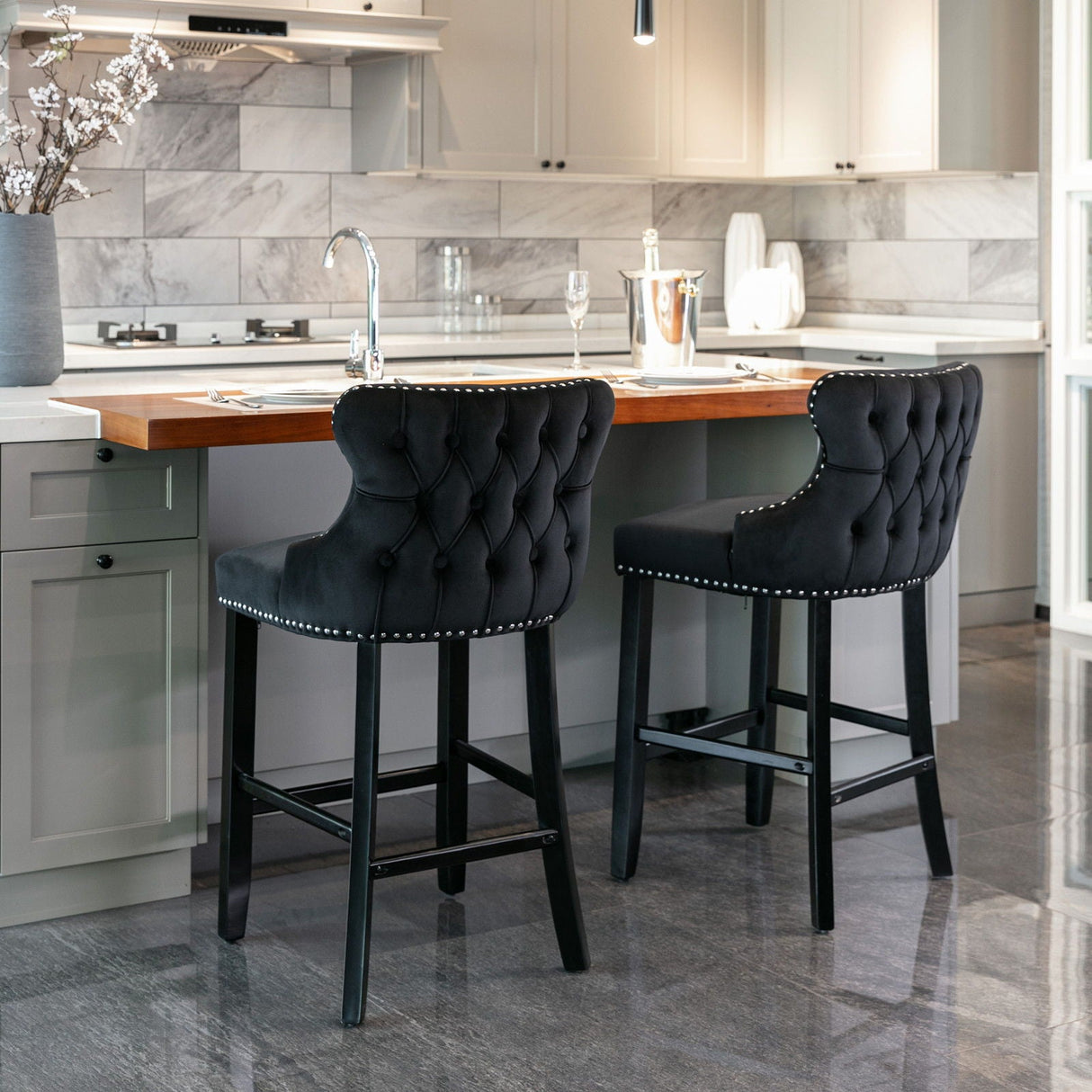 Contemporary Upholstered Wing-Back Barstools With Button Tufted Decoration And Wooden Legs, And Nailhead Trim, Leisure Style Bar Chairs, Bar Stools (Set of 2)