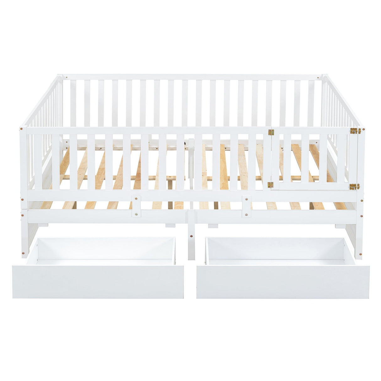 Daybed With Fence Guardrails And 2 Drawers, Split Into Independent Floor Bed & Daybed