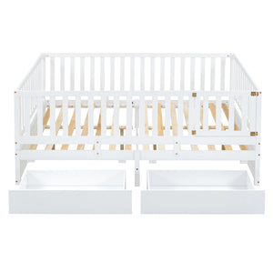 Daybed With Fence Guardrails And 2 Drawers, Split Into Independent Floor Bed & Daybed