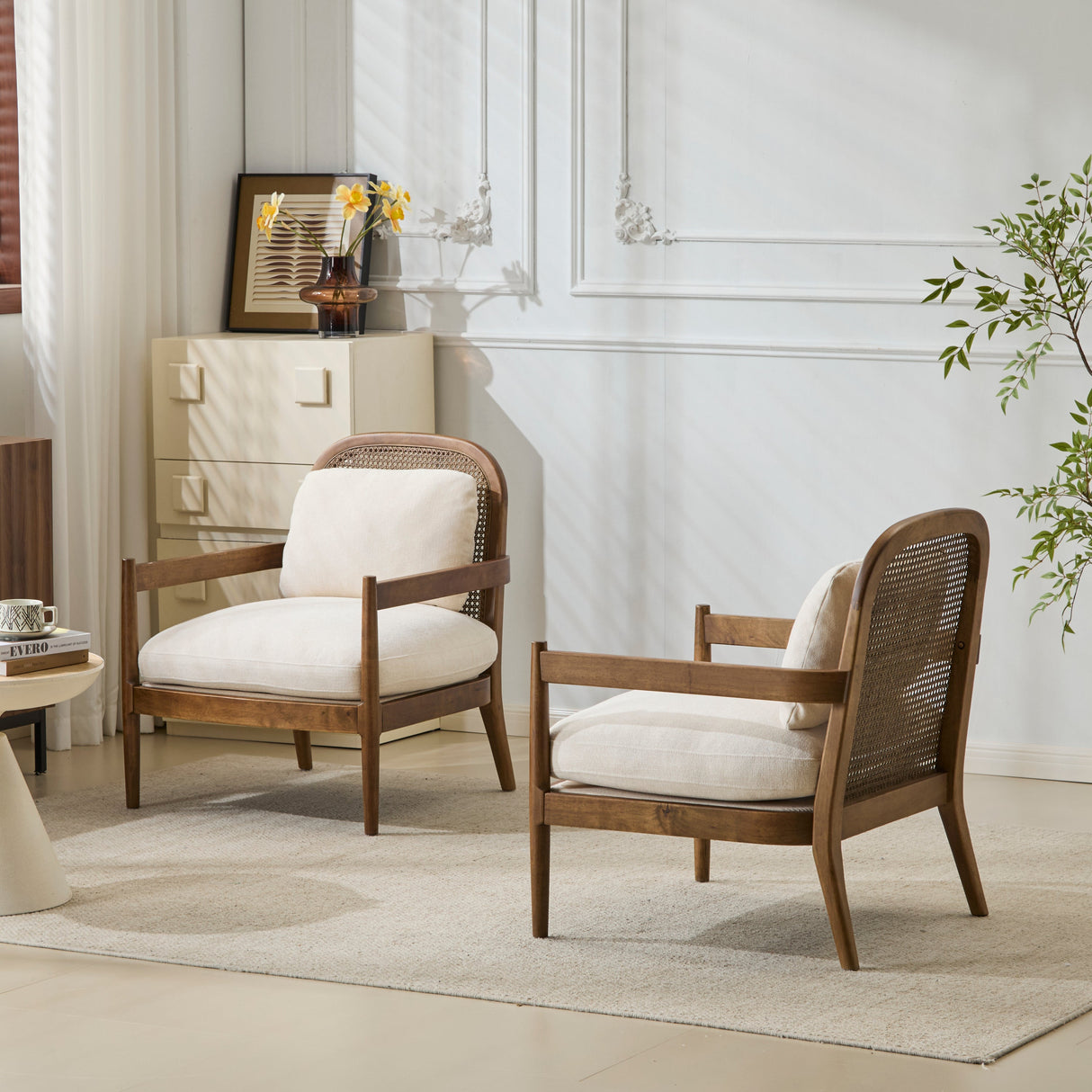 Elliston Rattan Backrest Solid Wood Accent Chair with Cushions Set of 2