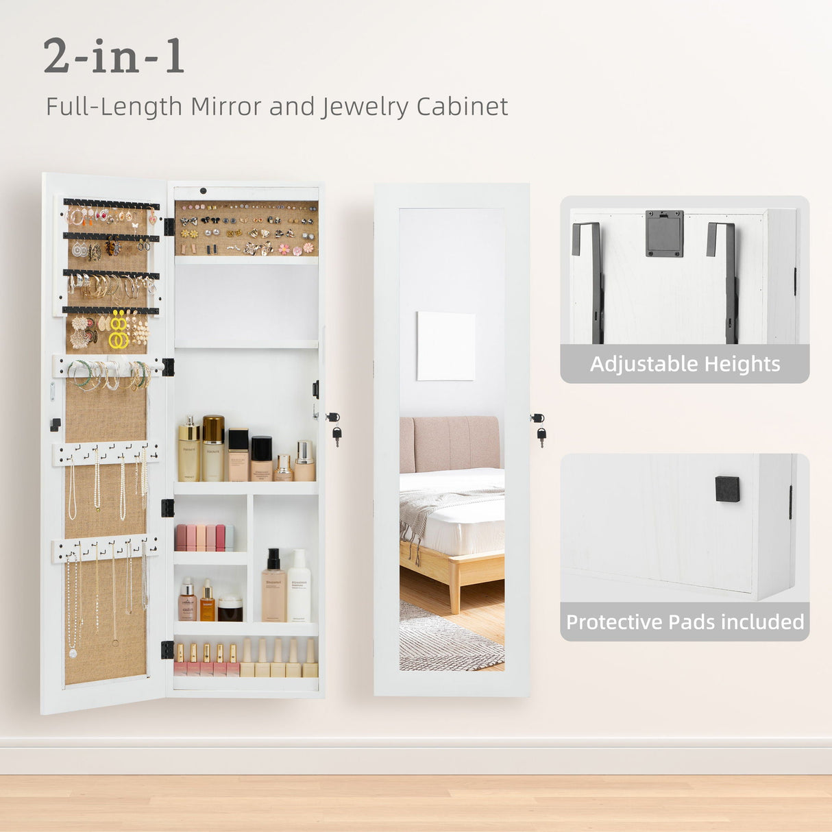 Jewelry Armoire Organizer With Full Length Mirror, Wall Mounted Lockable Cabinet With LED Light