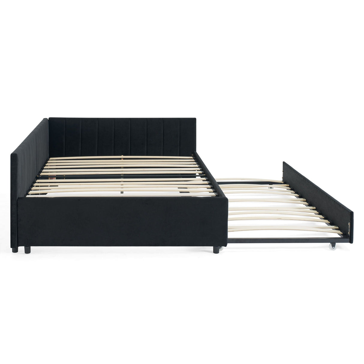 Full Size Upholstered Daybed With Trundle, Tufted Backrest And Armrests - Black