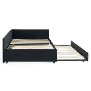 Full Size Upholstered Daybed With Trundle, Tufted Backrest And Armrests - Black