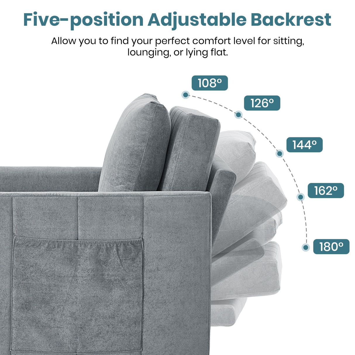 Upholstered Convertible Sleeper Sofa With 5 Position Backrest, Side Pockets, Storage