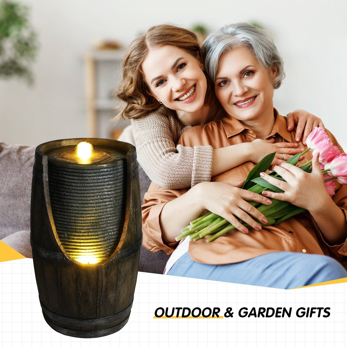 Wooden Barrel Style Outdoor Water Fountain with Lights Resin Rustic Garden Waterfall Decor for Patio Porch Yard