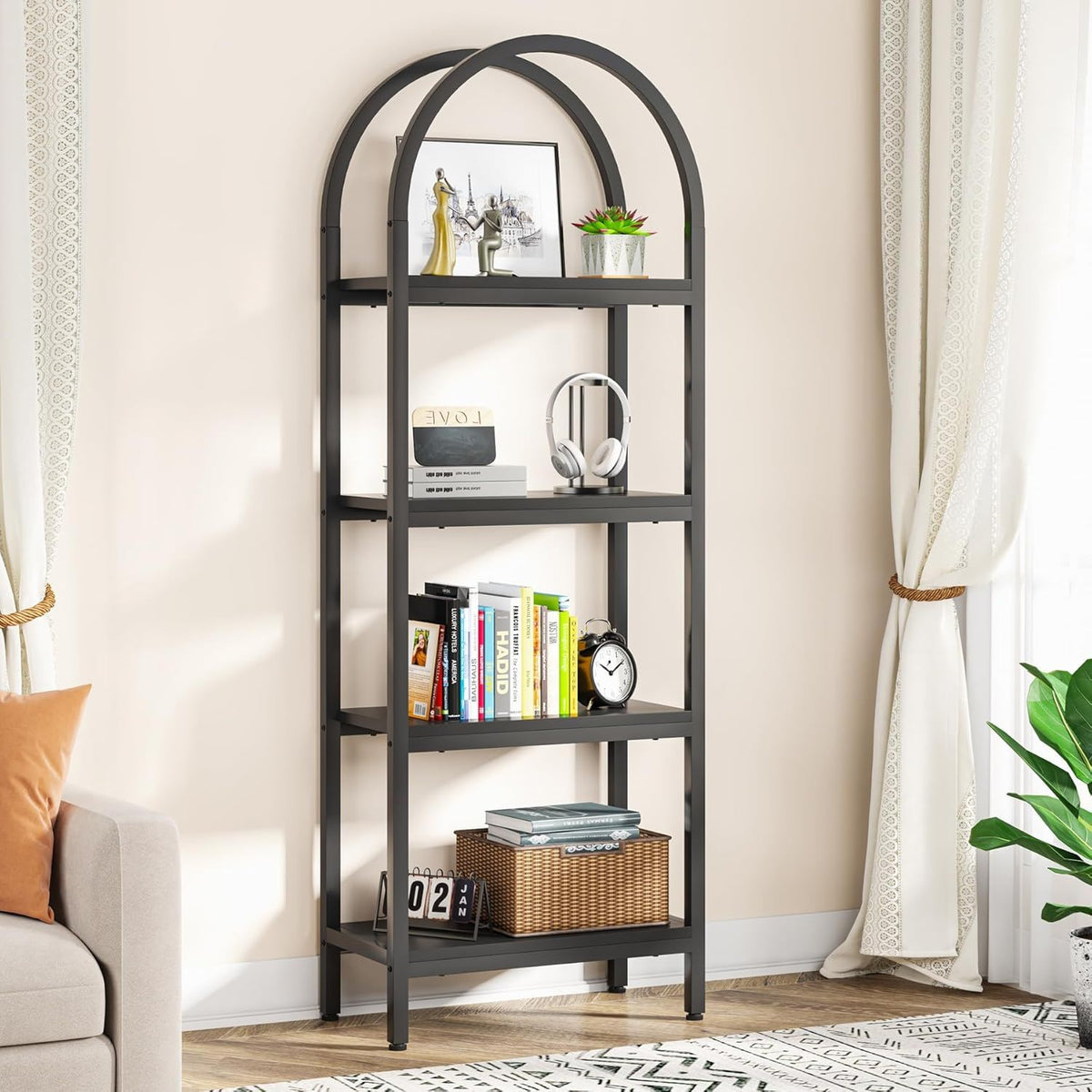 Tall 4 Tier Arched Open Bookshelf Storage Rack - Black