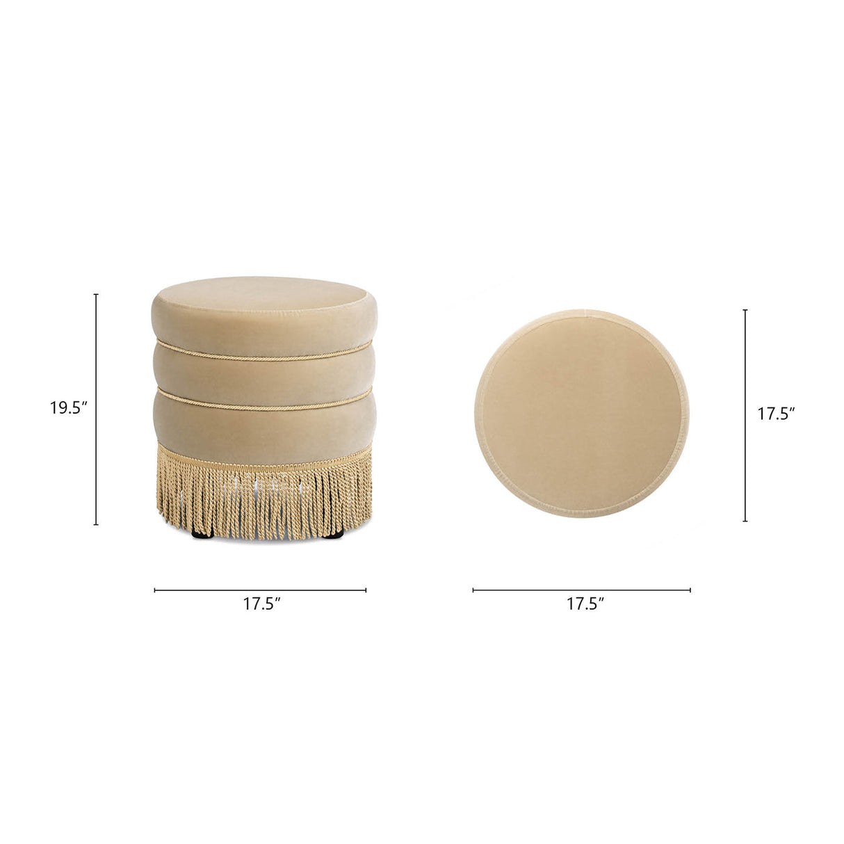 Edward 17.5" Round Upholstered Ottoman with Bullion Fringe