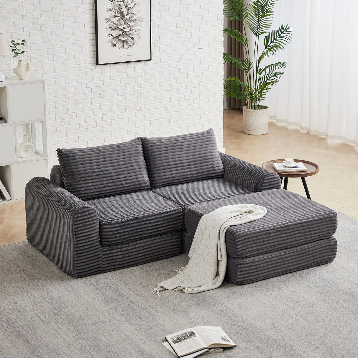Minimalist Corduroy Sofa Bed with Two Throw Pillows