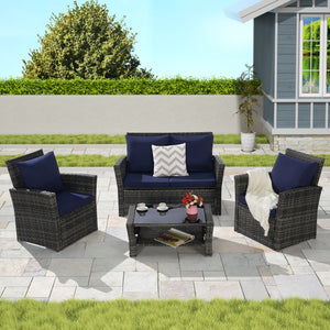 4 Pieces Outdoor Patio Furniture Set with Rattan Chairs and Tempered Glass Table