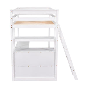 Modern Loft Bed With Built In Desk, Shelves, And 2 Drawers