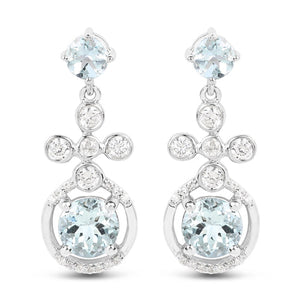 4.42 Carat Genuine Aquamarine and White Zircon .925 Sterling Silver Earrings