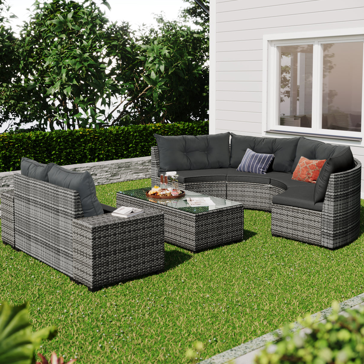 8-piece outdoor wicker round sofa set, half-moon sectional set all weather
